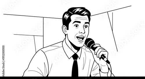 Man Speaking into Microphone at Event or Conference, Black and White Illustration.