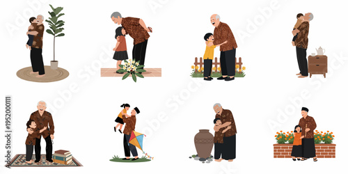 Collection of illustrations showing an Indonesian grandfather bonding with his grandchildren in traditional batik clothing across various heartwarming daily activities.