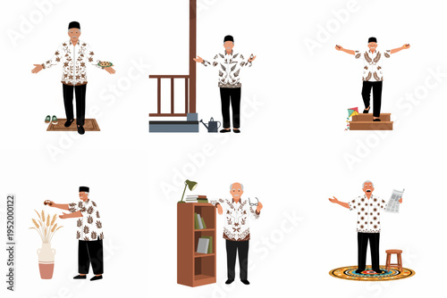 Set of illustrations showing an elderly Indonesian man in batik shirt performing various daily activities at home like reading, gardening, and welcoming guests.