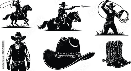 Bold cowboy icons showcasing the spirit of the Wild West with horses, hats, and boots.