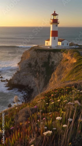 Lighthouse on a rocky coastline cliff.