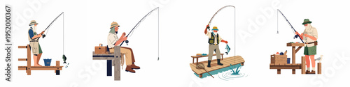 Set of flat vector illustrations of elderly men fishing on wooden piers, representing retirement hobbies, leisure activities, and outdoor sport.