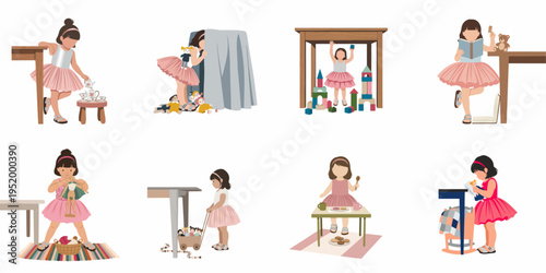Set of flat vector illustrations depicting a little girl in a pink tutu playing with dolls, blocks, books, and having a tea party.