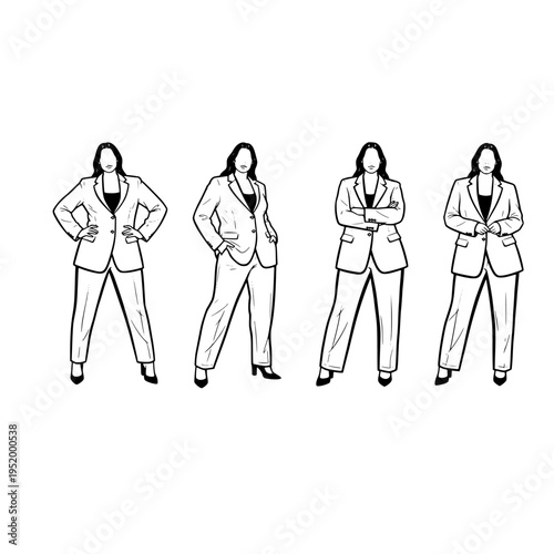 A collection of four professional women in business suits depicted in simple black line art style