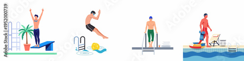 Set of flat illustrations featuring men engaged in various swimming pool activities like diving, jumping, and walking by the poolside.