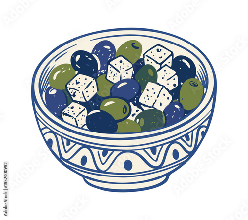 Greek salad with olives and feta cheese on bowl. Vector isolated handdrawn illustration. Blue and green color palette