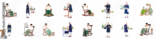 Set of illustrations depicting elderly Muslim characters engaged in various daily activities like cooking, resting in a rocking chair, and drinking tea at home.