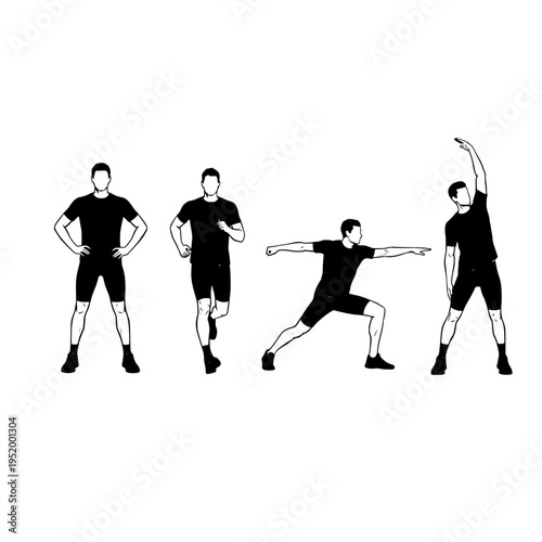 A sequence of four black and white illustrations showing a man performing basic fitness exercises
