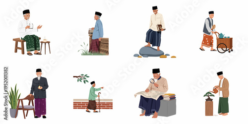Set of illustrations featuring an elderly Southeast Asian man in traditional attire engaged in various daily lifestyle activities and hobbies.