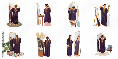 Minimalist illustrations of women in elegant purple caftans getting ready and looking in mirrors for a self-care and beauty routine.