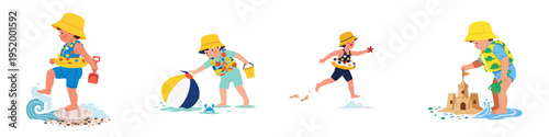 Set of adorable illustrations featuring toddlers enjoying summer beach activities like building sandcastles, playing with beach balls, and exploring shells on the shore.