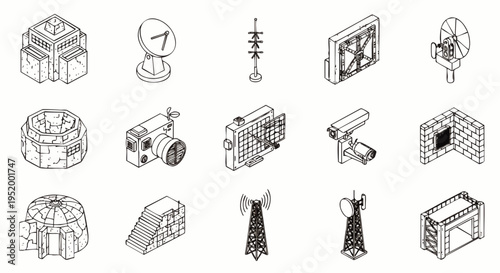 Set of isometric icons representing communication and technology infrastructure, including antennas, satellites, and buildings.
