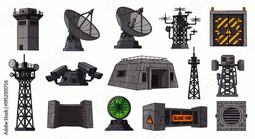 Military security base elements set. Defense infrastructure buildings, surveillance towers, radar dishes, communication equipment. Strategic assets for defense.
