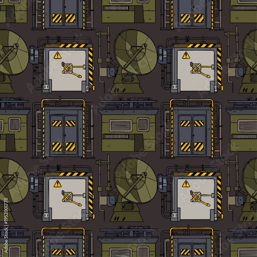 Seamless pattern of cartoon military bunker doors and radar dishes, industrial and defense theme