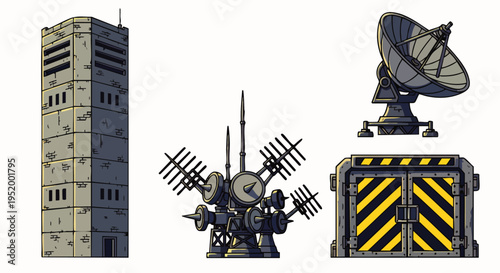 Collection of retro-futuristic communication and industrial structures, including a tower, antenna array, and reinforced door.