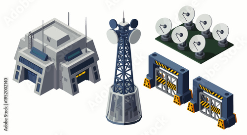 Isometric illustration of a futuristic communication center with satellite dishes, a telecommunication tower, and security gates, representing technology and infrastructure.