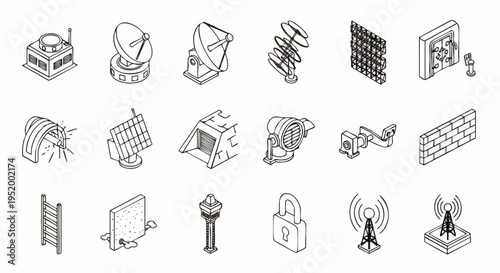 Set of isometric icons representing security, technology, and infrastructure elements, including satellites, fences, and communication towers.
