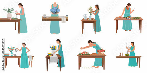 Collection of illustrations featuring a woman in a teal dress arranging flowers, decorating tables, and practicing floristry in a minimalist flat style.