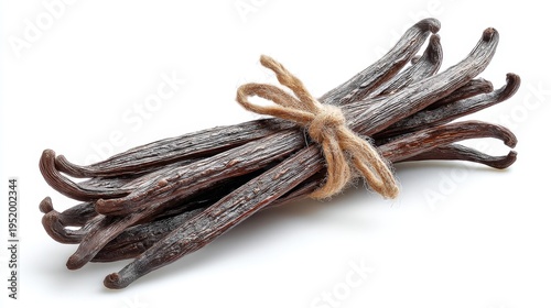A bundle of aromatic vanilla beans ready for culinary use. Perfect for baking and flavoring dishes. This image captures the essence of high-quality vanilla in a natural style. AI