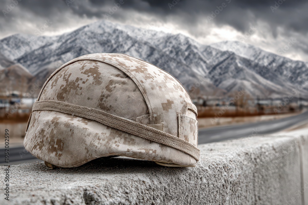 Fototapeta premium A military helmet rests on a concrete barrier, a symbolic reminder of service and sacrifice, against a backdrop of snow-capped mountains and stormy skies.