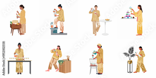 Set of illustrations depicting Southeast Asian women in traditional attire preparing various drinks and desserts for a festive celebration at home.