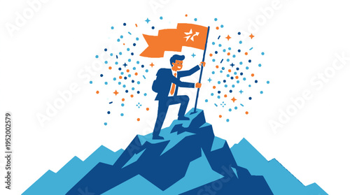 Businessperson standing on mountain peak with flag achieving success and goal accomplishment