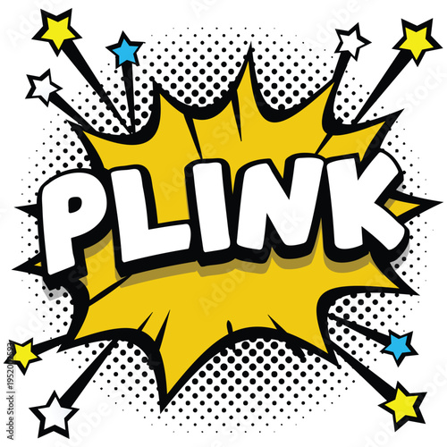 A vibrant comic book style illustration of the word PLINK in a yellow explosion