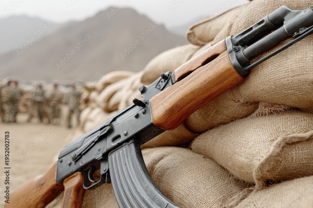 Obraz premium A close-up shot of an AK-47 assault rifle leaning against sandbags in a military setting, soldiers in the background, focusing on the weapon and defensive position.