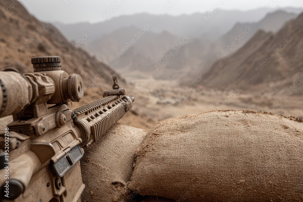 Obraz premium A tactical scoped assault rifle rests on sandbags overlooking a desert mountain range, blending into the arid environment, showcasing military readiness in a strategic location.