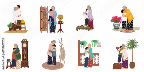 Vector illustrations of an elderly grandmother and her grandson sharing warm hugs in traditional Southeast Asian domestic settings, celebrating family bonds and love.