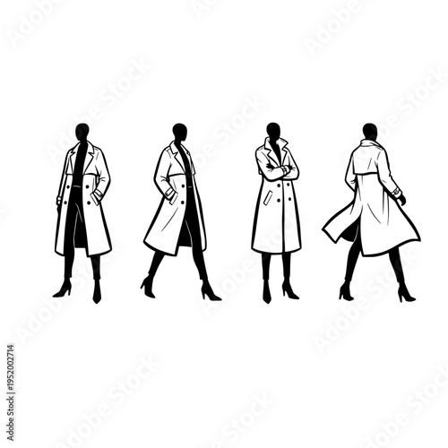 Four distinct silhouettes of a stylish woman wearing a classic trench coat in different poses