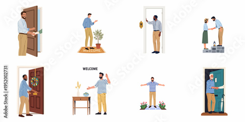 Illustration set of diverse men welcoming guests, shaking hands, and standing at doorways in various hospitality and greeting scenarios.