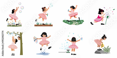 Set of illustrations showing a young girl in a pink tutu enjoying various outdoor activities like blowing bubbles, jumping in puddles, and playing.