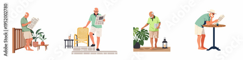 Set of illustrations featuring an elderly man enjoying his retirement, reading the newspaper in various outdoor settings like a terrace or patio.