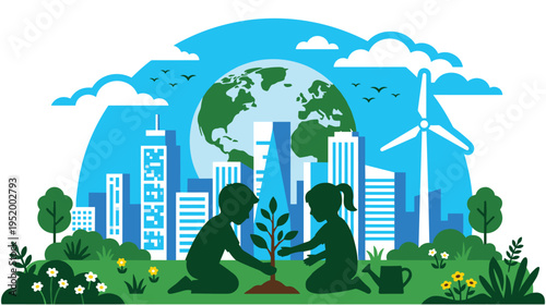 Children planting tree in city park with global sustainability theme