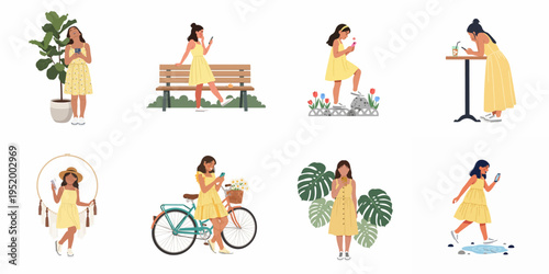 Collection of girls and women in yellow dresses using smartphones in various everyday situations, flat vector illustration.
