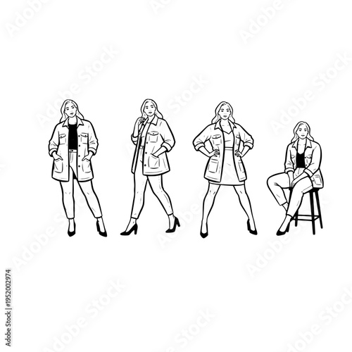 A black and white line art illustration showing a plus size woman in four different outfit poses
