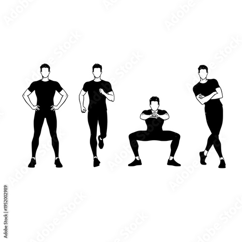 Black and white illustration showing a male athlete in four different poses of physical activity