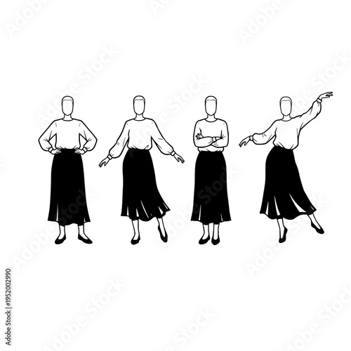 Four black and white line art illustrations of a woman posing in a long skirt and loose top outfit