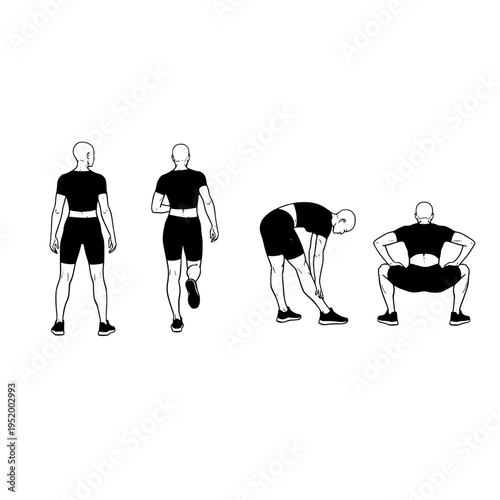 A sequence of four illustrations showing a man performing different lower body stretching exercises
