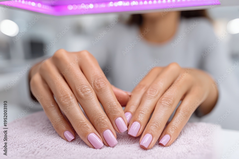 Naklejka premium Close-up of woman's hands with freshly manicured nails under UV lamp, showcasing elegant beauty and professional nail care treatment in a modern salon setting.