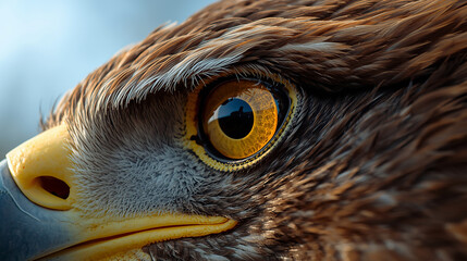 Eagle Eye Close Up. Extreme close-up photo of an eagle eye with a sharp yellow iris and dark pupil, detailed feathers surrounding the eye, natural sunlight reflecting on the eye surface, realistic wil