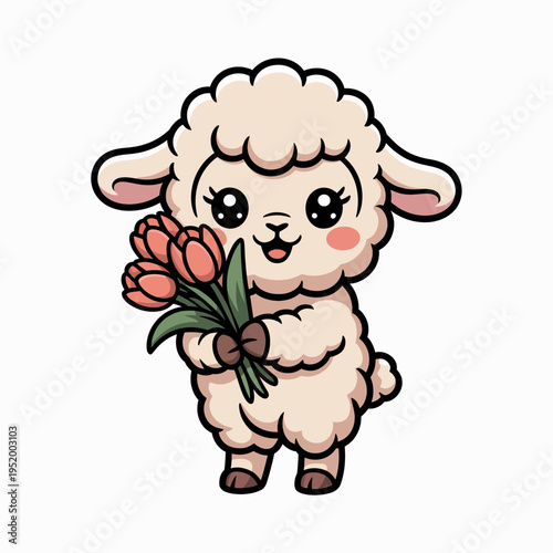 A cartoon sheep is holding a bouquet of pink flowers . Its innocent expression and fluffy wool add to its charm.