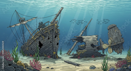 Underwater Shipwreck Scene with Marine Life and Coral Reef.