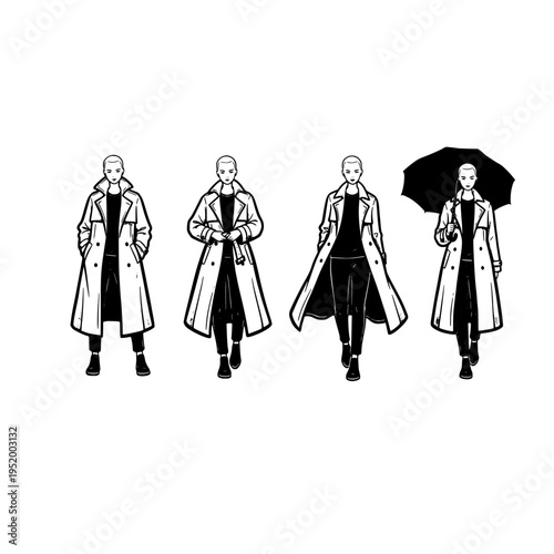 A black and white line art illustration showing four variations of a person wearing a trench coat
