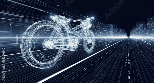 Futuristic Motorcycle Concept on Digital Highway - High-Tech Transportation.
