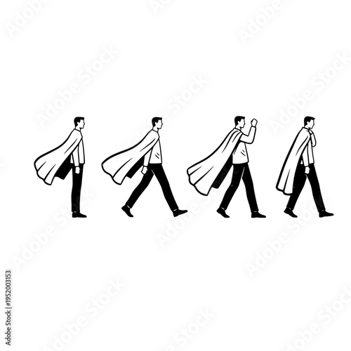 A sequence of four black and white illustrations showing a man putting on a flowing superhero cape