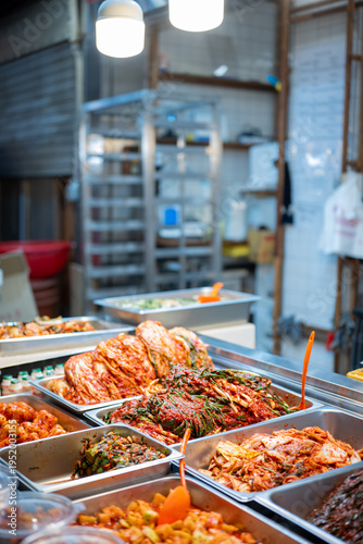 Various traditional Korean kimchi and banchan for sale at Gwangjang Market in Seoul, South Korea