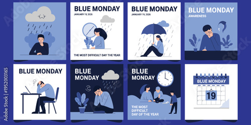 Blue Monday awareness illustration set, mental health design, sadness stress motif artwork, contemplative decorative symbol, awareness campaign motif, emotional artwork, flat vector drawing
