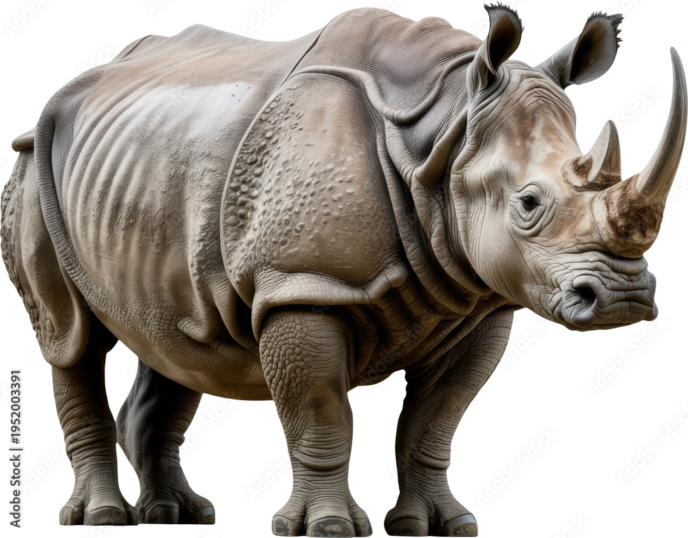 Fototapeta premium A detailed profile view of a majestic rhinoceros standing tall with a large prominent nose horn